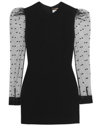 Saint Laurent Flocked Tulle Paneled Crepe Mini Dress Black