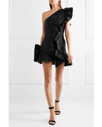 Isabel Marant Lavern One Shoulder Ruffled Coated Cotton Blend Mini Dress Black