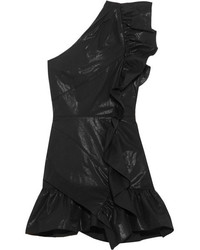 Isabel Marant Lavern One Shoulder Ruffled Coated Cotton Blend Mini Dress Black