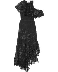 Zimmermann Mercer Bird Floating Cold Shoulder Appliqud Silk Chiffon Dress Black