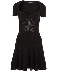 Alexander McQueen Metallic Ribbed Stretch Wool Blend Mini Dress Black