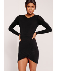 Missguided Asymmetric Hem Long Sleeve Jersey Dress Black