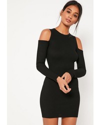 Missguided Black Cold Shoulder Ribbed Mini Dress