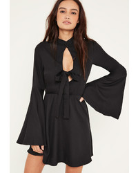 Missguided Black Flared Sleeve Tie Front Skater Dress