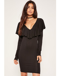 Missguided Black Frill Front Tie Neck Long Sleeve Dress