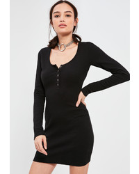 Missguided Black Long Sleeve Half Placket Popper Dress