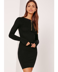 Missguided Zip Detail Ribbed Mini Dress Black