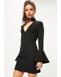 Missguided Petite Black Frill Sleeve Choker Neck Dress