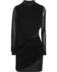Balmain Ruched Chiffon Paneled Jersey Mini Dress Black