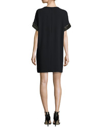 Carmen Marc Valvo Short Sleeve Beaded Crepe Mini Dress Black
