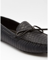 Asos Brand Driving Shoes In Black Snakeskin Effect With Tie Front