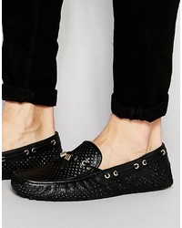 Asos Driving Shoes In Black With Perforated Gold Detailing