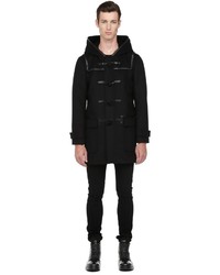 Finley Black Flat Wool Duffle Coat With Leather Trims