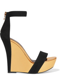 Balmain Suede And Mirrored Leather Wedge Sandals Black