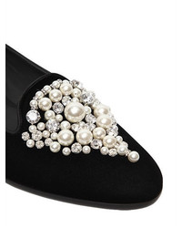 Rene Caovilla 10mm Pearls Embellished Velvet Flats