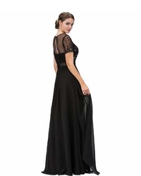 Unique Vintage Black Embellished Sheer Illusion Chiffon Long Gown