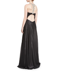 Mignon Glitter Chiffon Gown With Embellished Neckline Black