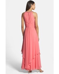 Eliza J Petite Embellished Tiered Chiffon Halter Gown