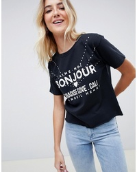 Miss Selfridge Bonjour Slogan T Shirt In Black