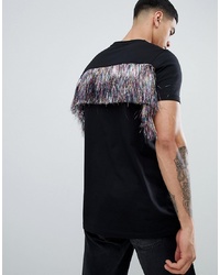 ASOS DESIGN Festival Standard Longline T Shirt With Multi Colour Fringing Back