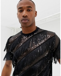 ASOS DESIGN Relaxed T Shirt In All Over Sequin T Shirt With Fringing And Beading In Black