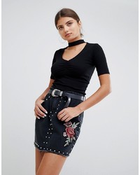 Liquor N Poker Denim Mini Skirt With Studs And Rose Embroidery