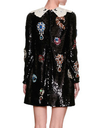 Dolce & Gabbana Jewel Embellished Lace Collar Paillette Minidress Black