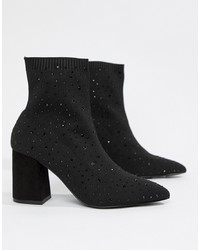 Miss Selfridge Heeled Sock Boots With Embellisht In Black