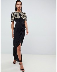 Virgos Lounge Baroque Embellished Maxi Dress With Frill Wrap Skirt In Black