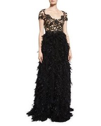 Marchesa Crystal Embellished Bodice Gown Wfeather Skirt Black