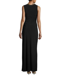 Laundry by Shelli Segal Embellished Neck Side Ruched Gown Black