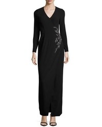 David Meister Long Sleeve Embellished Faux Wrap Gown Black