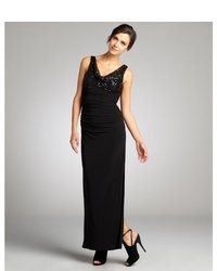 Night Way Nw Nightway Black Sequin Embellished Draped Neck Stretch Jersey Knit Gown