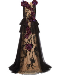 Marchesa Organza Appliqud Embellished Tulle Gown Black