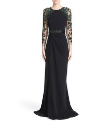 Marchesa Stretch Crepe Gown With Embellished Sleeves And Waist