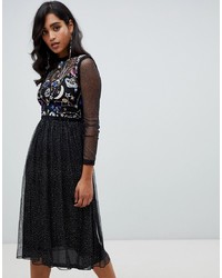 Frock and Frill Galactic Long Sleeve Star Print Midi Dress In Black