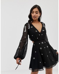 ASOS DESIGN Long Sleeve Mini Dress With Cluster Embellisht