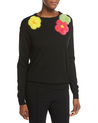 Moschino Boutique Embellished Fur Flower Wool Sweater