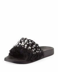 Black Embellished Fur Flat Sandals