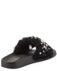 Neiman Marcus Embellished Furry Slide Flat Sandal Black