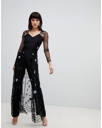 Frock and Frill Allover Embellished Maxi Cape Jumpsuit In Black