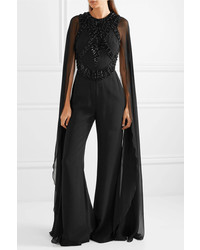 Elie Saab Embellished Crepe And Chiffon Jumpsuit Black