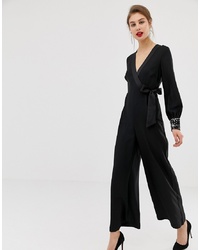 Warehouse Wrap Jumpsuit With Embellished Cuff In Black