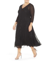 Komarov Plus Size Embellished V Neck Lace Chiffon Tea Length Dress
