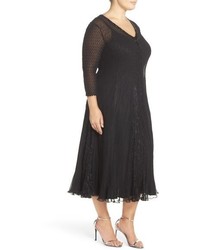 Komarov Plus Size Embellished V Neck Lace Chiffon Tea Length Dress