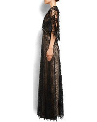 Givenchy Cape Effect Embellished Chantilly Lace Gown Black