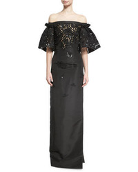 Oscar de la Renta Embellished Cutout Lace Off The Shoulder Gown Black