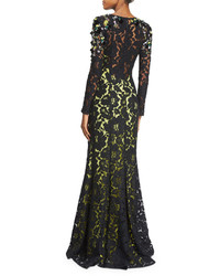 Oscar de la Renta Long Sleeve Embellished Lace Gown Black