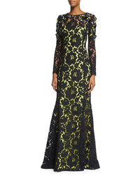 Oscar de la Renta Long Sleeve Embellished Lace Gown Black