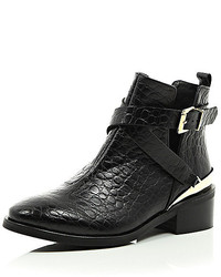 River Island Black Leather Low Heeled Cut Out Ankle Boots